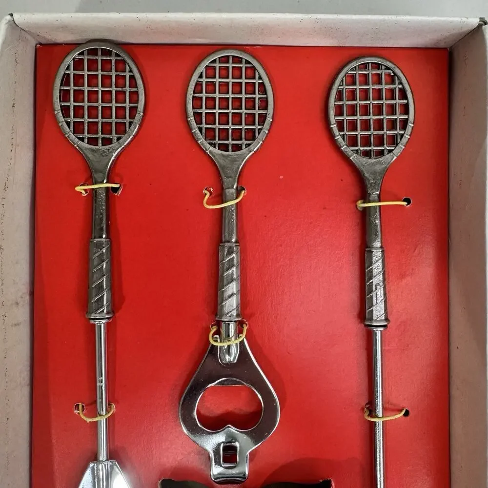 De Luxe Bar Set Tennis Racquet Bottle Opener Condiment Stick Spoon Peg Measure